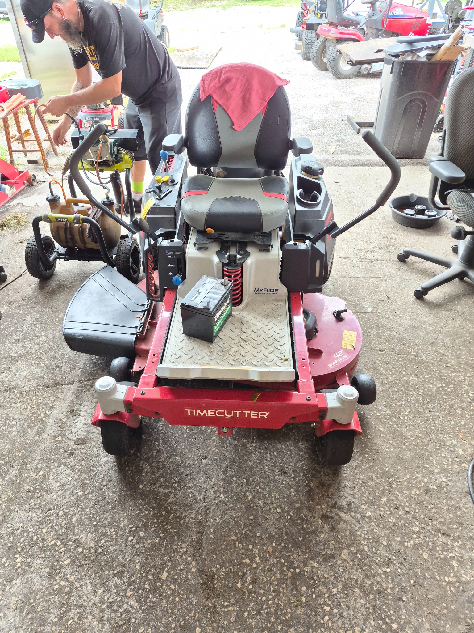 Toro TimeCutter being serviced
